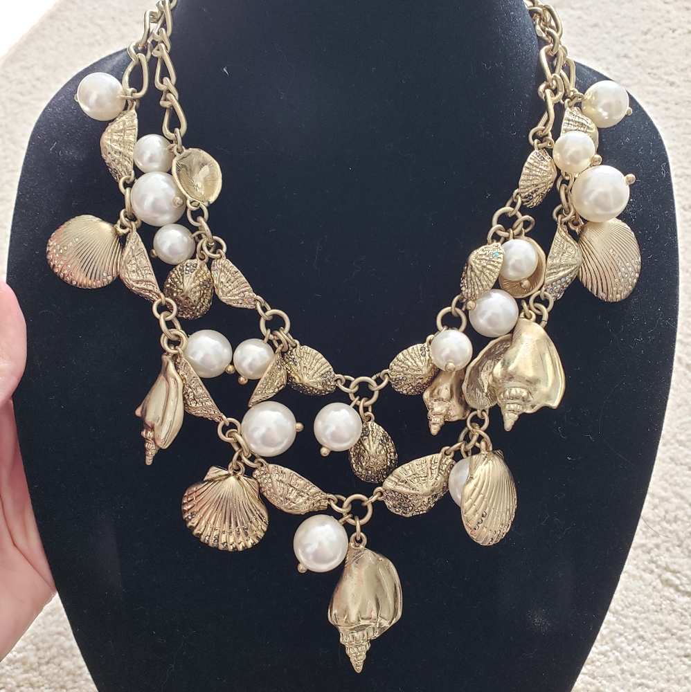 SOLD Talbots Double Layer Gold Shell, Rhinestone and Pearl Necklace - Picture 1 of 8